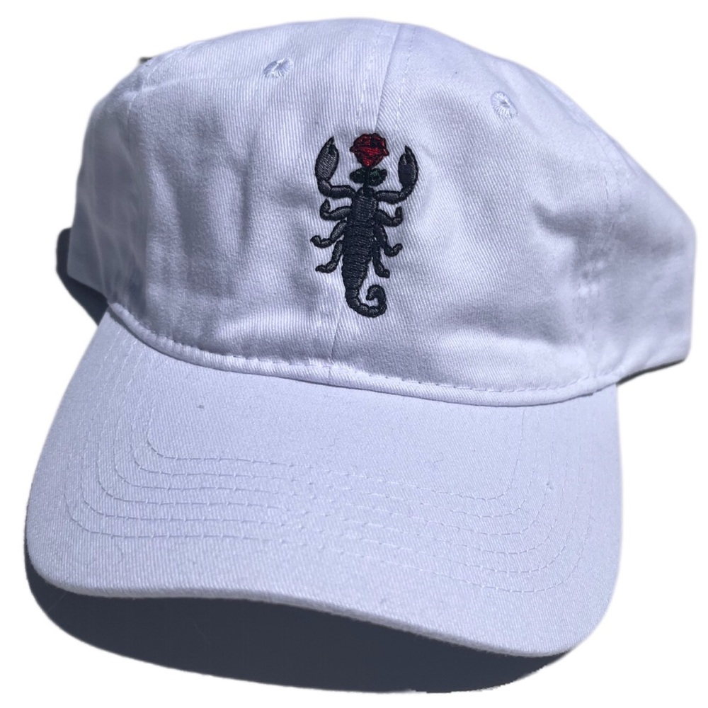Scorpion rose embroidered all white strap back hat